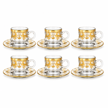 6-Cup Glass Tea Set with 6 Saucers, Gold Floral Design