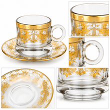 6-Cup Glass Tea Set with 6 Saucers, Gold Floral Design
