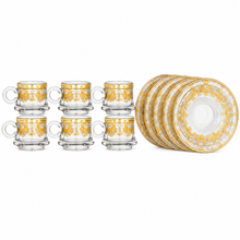 6-Cup Glass Tea Set with 6 Saucers, Gold Floral Design
