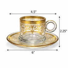 Glass coffee Cups and Saucer Set With Gold and Silver Design 6-Piece