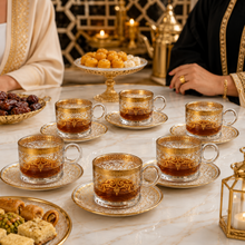 Set of 6 Glass Coffee Cups and Saucers with Ornate Gold and Silver Design
