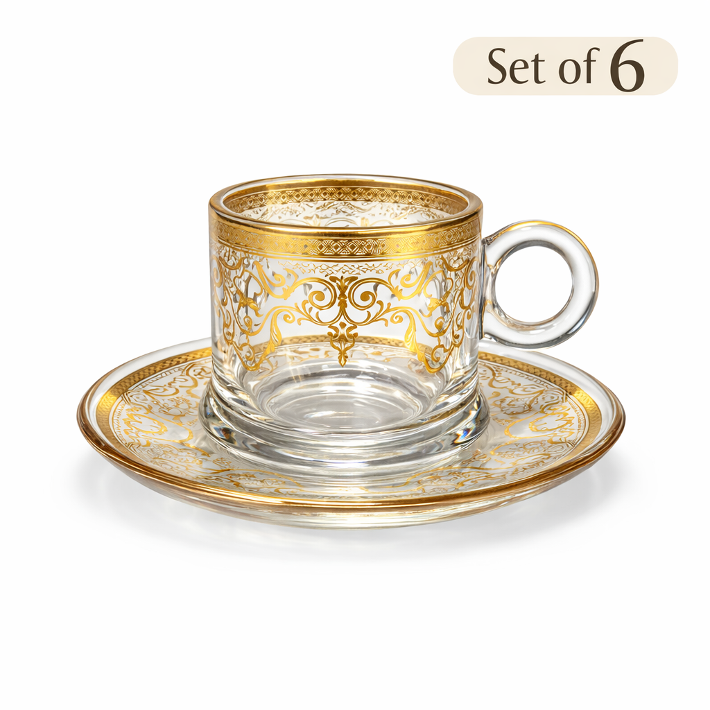 Glass coffee Cups and Saucer Set With Gold and Silver Design 6-Piece