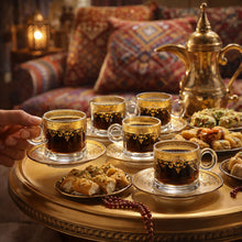 Glass coffee Cups and Saucer Set With Gold and Silver Design 6-Piece