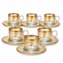 Set of 6 Glass Coffee Cups and Saucers with Ornate Gold and Silver Design