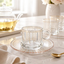 Glass Tea Cups and Saucer Set With Gold and Silver Design 6-Piece