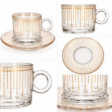 Glass Tea Cups and Saucer Set With Gold and Silver Design 6-Piece