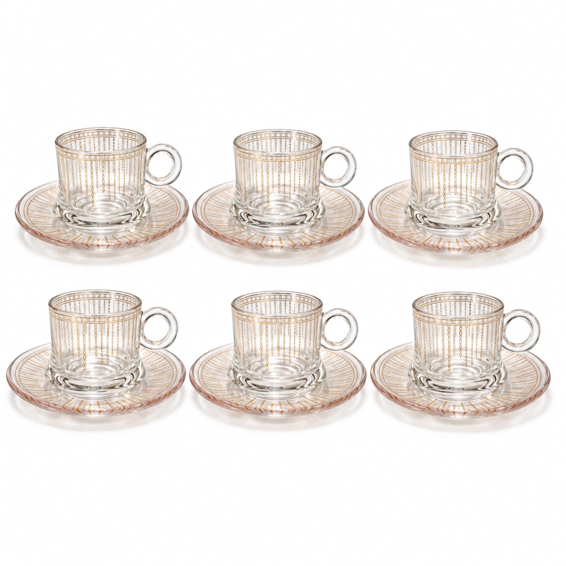 Glass Tea Cups and Saucer Set With Gold and Silver Design 6-Piece
