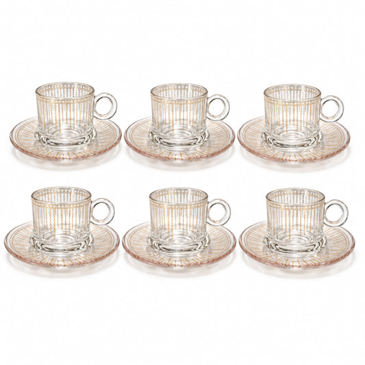 Glass Tea Cups and Saucer Set With Gold and Silver Design 6-Piece