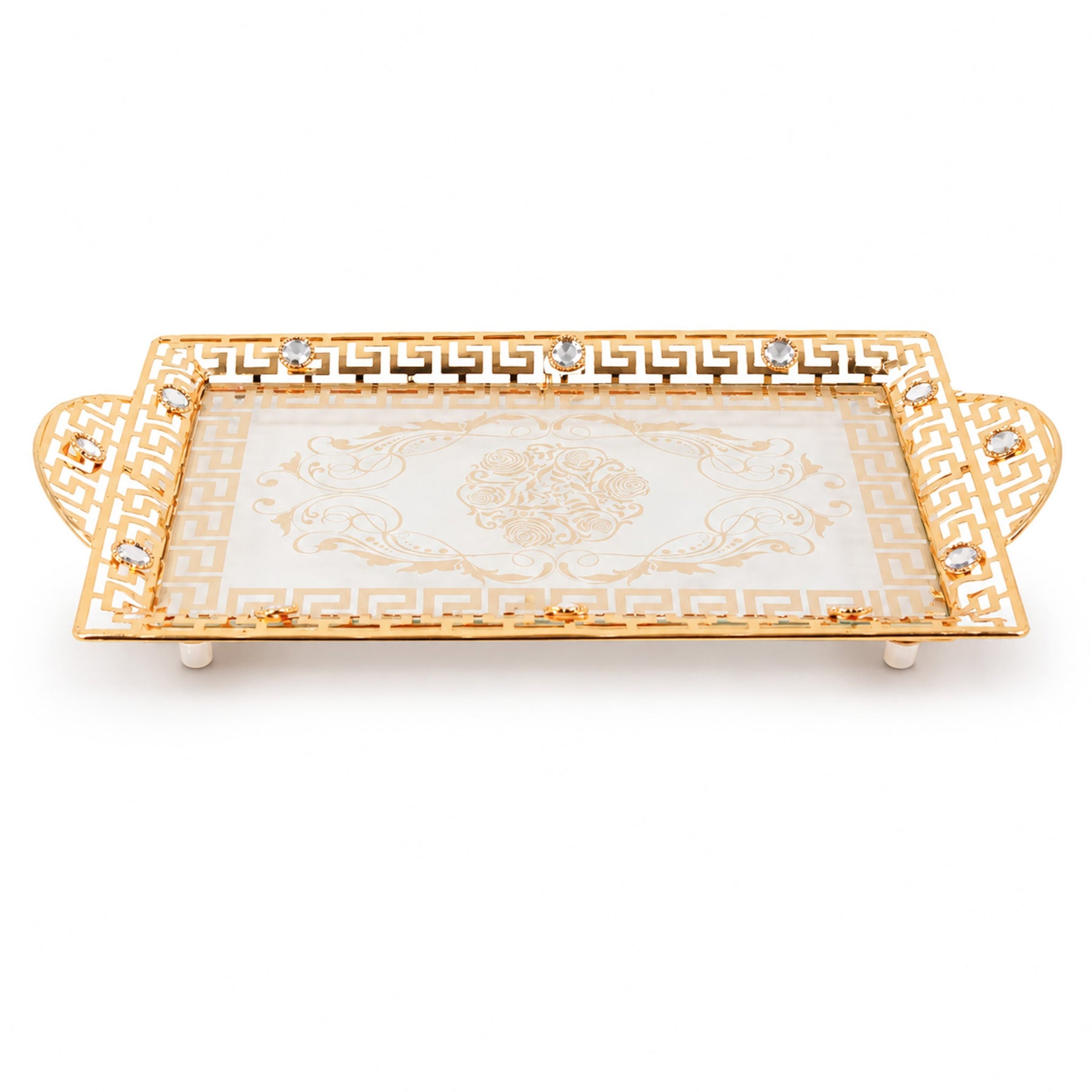 Gold-Tone and Glass Serving Tray with Crystal-Style Accents, 22.75 Inch