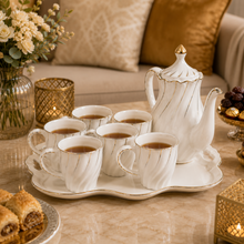 Premium Ceramic Coffee and Tea Serving Set with Tray (White & Gold)