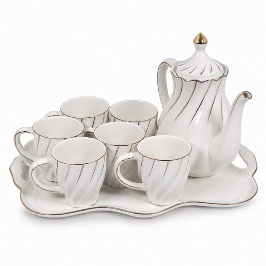 Premium Ceramic Coffee and Tea Serving Set with Tray (White & Gold)