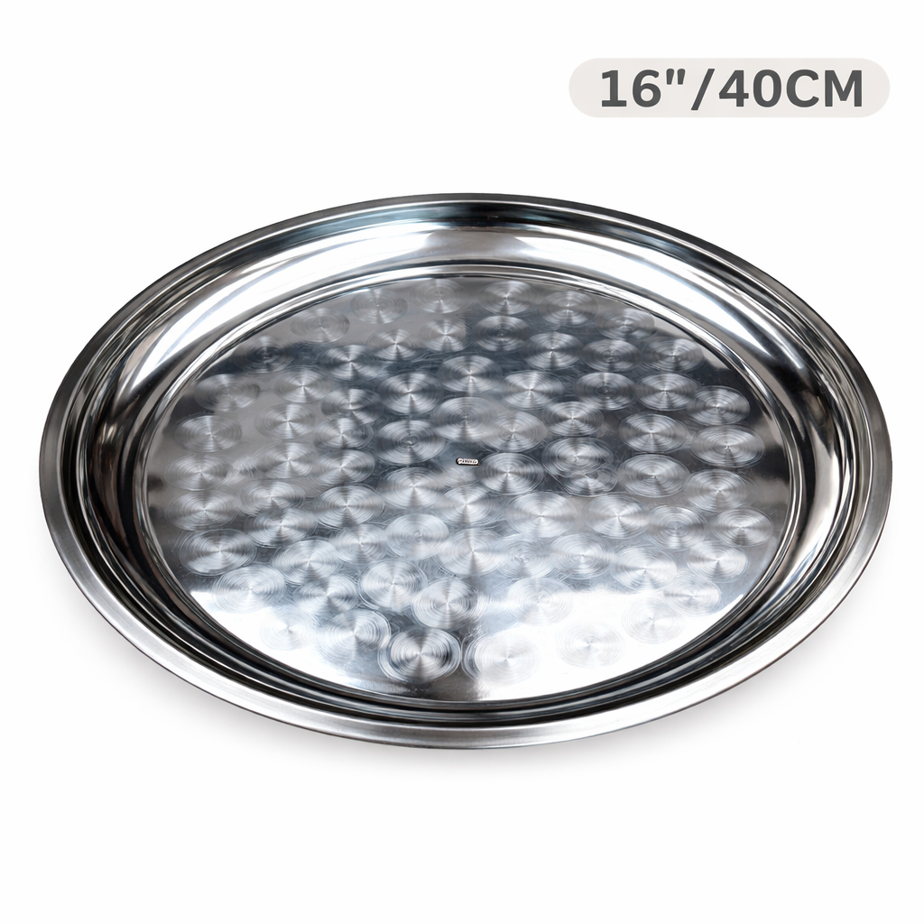 Round Stainless Steel Seving Tray with Polished Finish for Serving Food 40CM, 16''