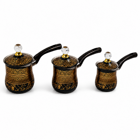 Stainless Steel Black with Gold Design Tea Pots with Lid 3 Piece Set 250,350,550ML