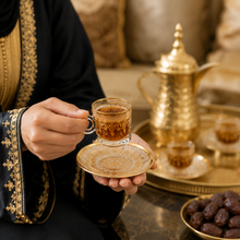 6-Place-Setting Turkish Coffee Glass Set with Gold Filigree Cups and Matching Saucers