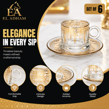 6-Place-Setting Turkish Coffee Glass Set with Gold Filigree Cups and Matching Saucers
