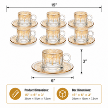 6-Place-Setting Turkish Coffee Glass Set with Gold Filigree Cups and Matching Saucers