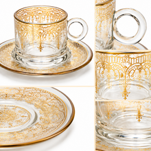 6-Place-Setting Turkish Coffee Glass Set with Gold Filigree Cups and Matching Saucers