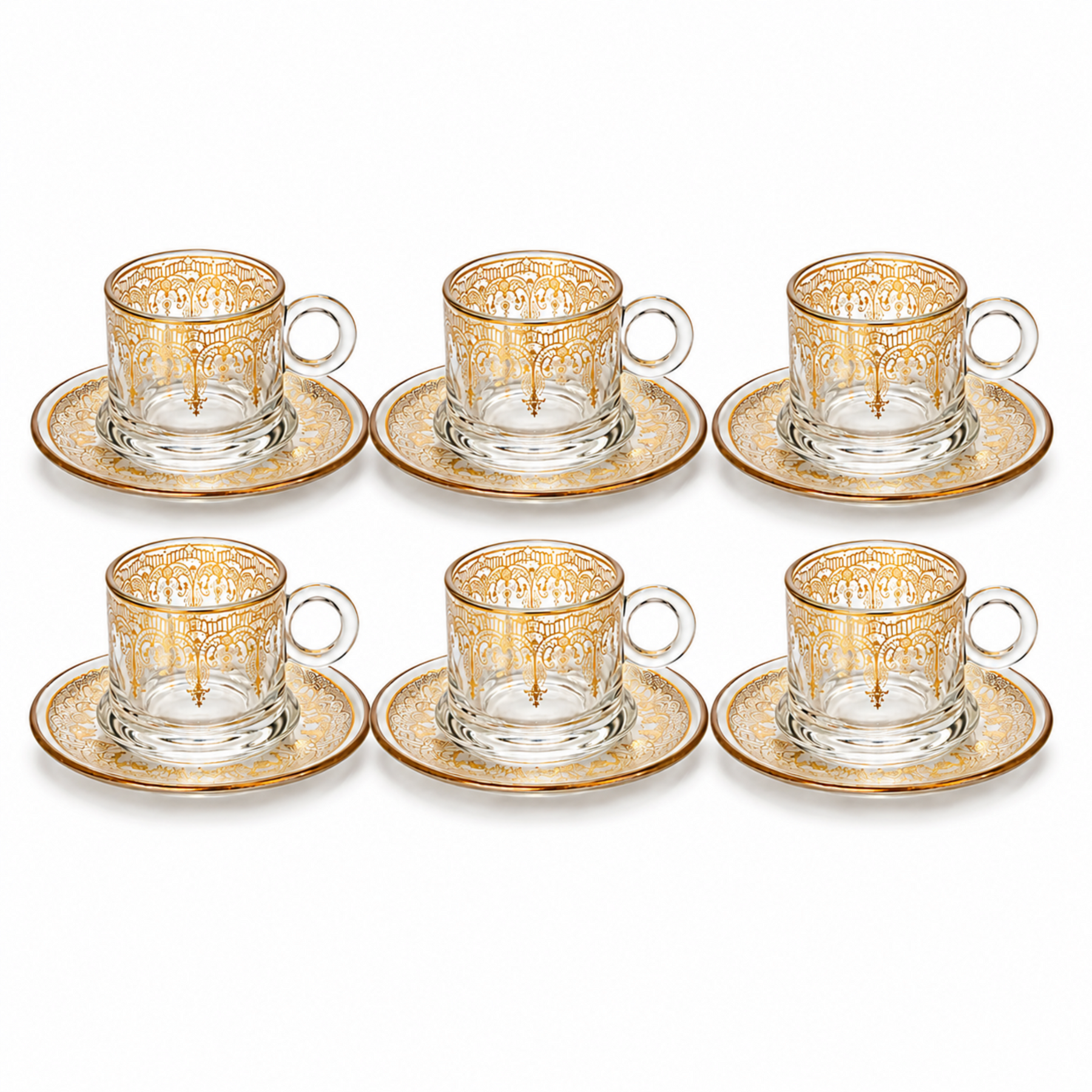 6-Place-Setting Turkish Coffee Glass Set with Gold Filigree Cups and Matching Saucers