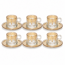 6-Place-Setting Turkish Coffee Glass Set with Gold Filigree Cups and Matching Saucers