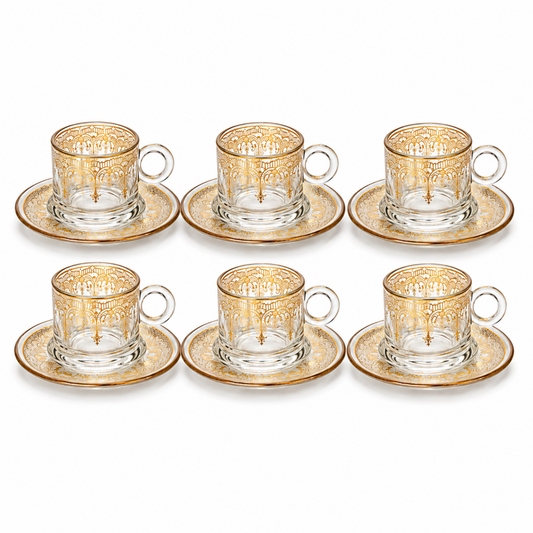 6-Place-Setting Turkish Coffee Glass Set with Gold Filigree Cups and Matching Saucers