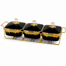 Luxury Black & Gold 3-Piece Ceramic Food Warmer with Floral Handles and Glass Lids