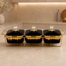 Luxury Black & Gold 3-Piece Ceramic Food Warmer with Floral Handles and Glass Lids