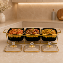 Luxury Black & Gold 3-Piece Ceramic Food Warmer with Floral Handles and Glass Lids