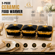 Luxury Black & Gold 3-Piece Ceramic Food Warmer with Floral Handles and Glass Lids