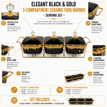 Luxury Black & Gold 3-Piece Ceramic Food Warmer with Floral Handles and Glass Lids