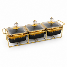 Luxury Black & Gold 3-Piece Ceramic Food Warmer with Floral Handles and Glass Lids