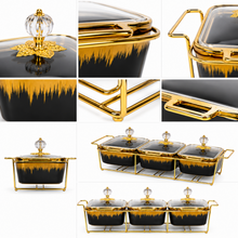 Luxury Black & Gold 3-Piece Ceramic Food Warmer with Floral Handles and Glass Lids