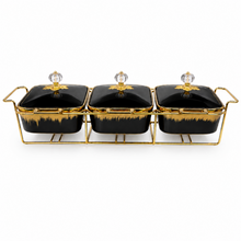 Luxury Black & Gold 3-Piece Ceramic Food Warmer with Floral Handles and Glass Lids