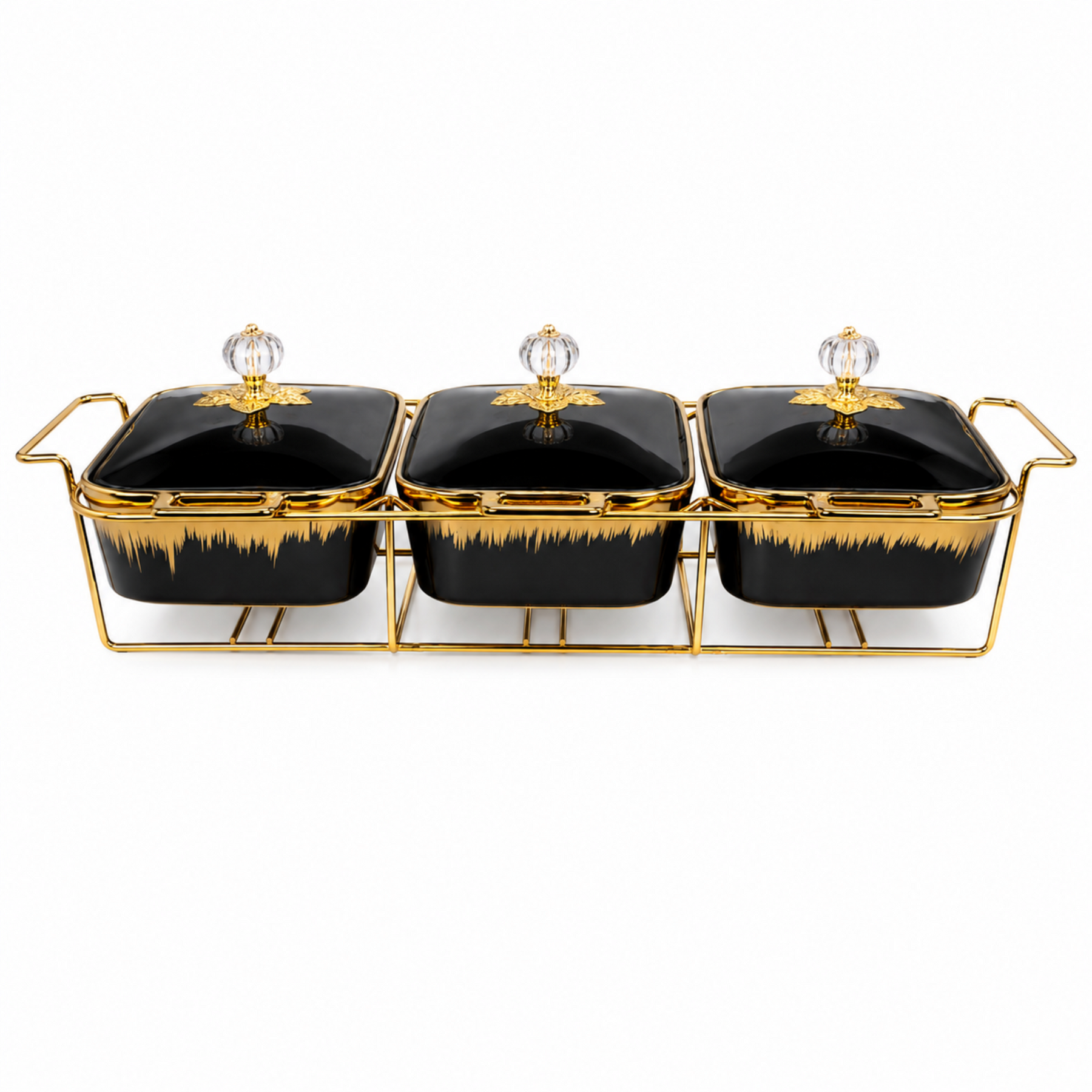 Luxury Black & Gold 3-Piece Ceramic Food Warmer with Floral Handles and Glass Lids