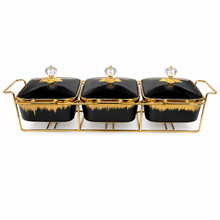 Luxury Black & Gold 3-Piece Ceramic Food Warmer with Floral Handles and Glass Lids