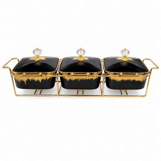 Luxury Black & Gold 3-Piece Ceramic Food Warmer with Floral Handles and Glass Lids