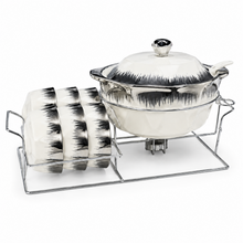 Luxury Brushed Silver and White Ceramic Soup Tureen Set with 6 Bowls & Chrome Serving Stand