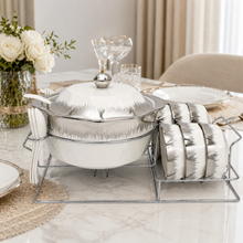 Luxury Brushed Silver and White Ceramic Soup Tureen Set with 6 Bowls & Chrome Serving Stand