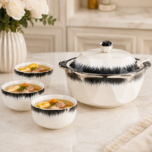 Luxury Brushed Silver and White Ceramic Soup Tureen Set with 6 Bowls & Chrome Serving Stand