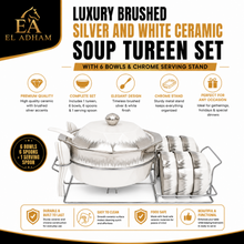 Luxury Brushed Silver and White Ceramic Soup Tureen Set with 6 Bowls & Chrome Serving Stand