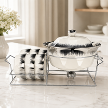 Luxury Brushed Silver and White Ceramic Soup Tureen Set with 6 Bowls & Chrome Serving Stand