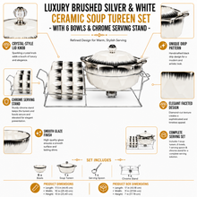 Luxury Brushed Silver and White Ceramic Soup Tureen Set with 6 Bowls & Chrome Serving Stand
