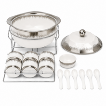 Luxury Brushed Silver and White Ceramic Soup Tureen Set with 6 Bowls & Chrome Serving Stand