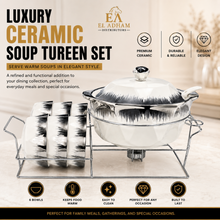 Luxury Brushed Silver and White Ceramic Soup Tureen Set with 6 Bowls & Chrome Serving Stand