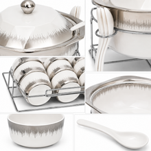 Luxury Brushed Silver and White Ceramic Soup Tureen Set with 6 Bowls & Chrome Serving Stand