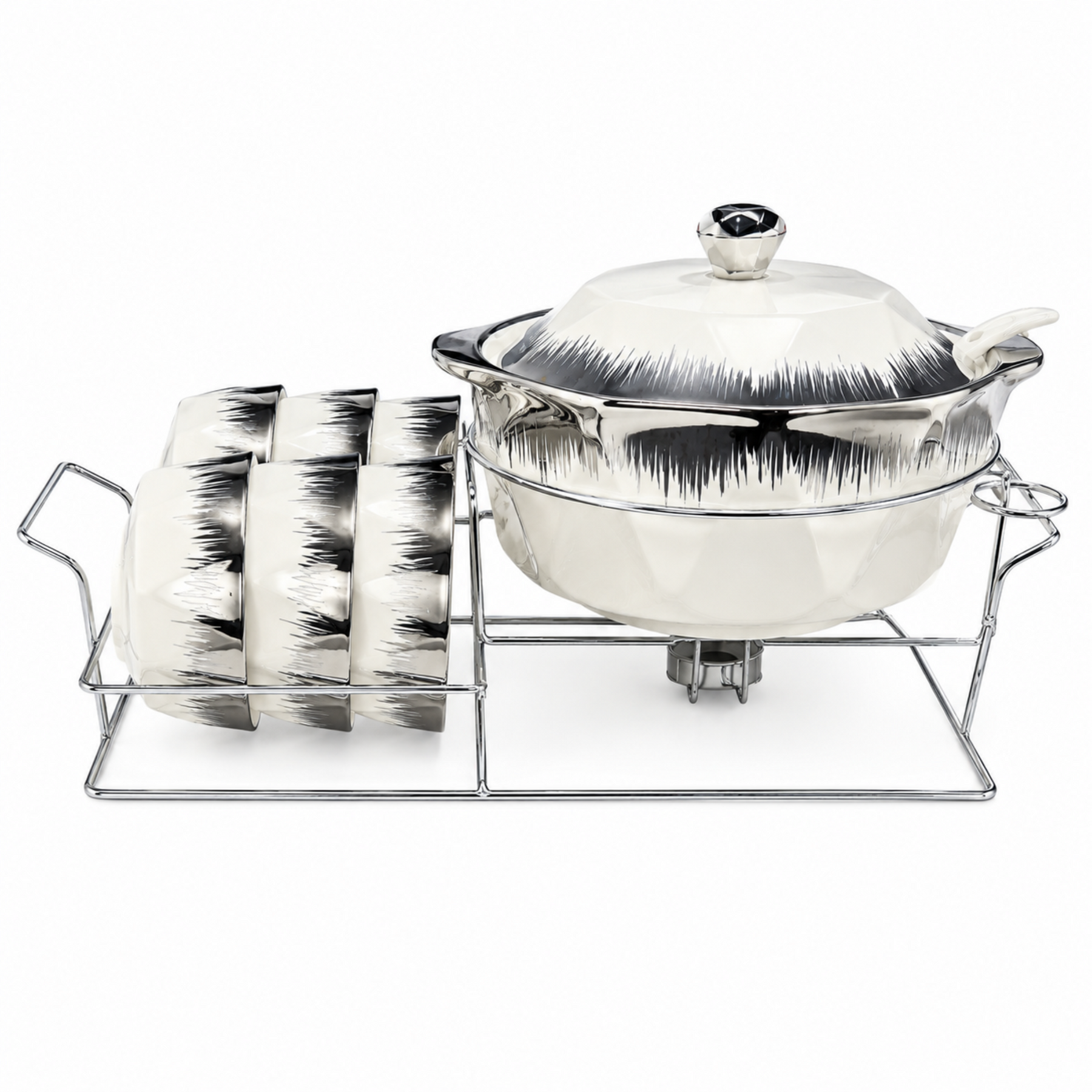 Luxury Brushed Silver and White Ceramic Soup Tureen Set with 6 Bowls & Chrome Serving Stand