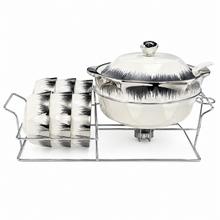Luxury Brushed Silver and White Ceramic Soup Tureen Set with 6 Bowls & Chrome Serving Stand