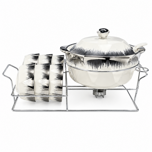 Luxury Brushed Silver and White Ceramic Soup Tureen Set with 6 Bowls & Chrome Serving Stand