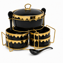 Luxury Black & Gold Ceramic Soup Serving Set with Bowls, Ladles and Metal Stand