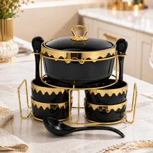 Luxury Black & Gold Ceramic Soup Serving Set with Bowls, Ladles and Metal Stand