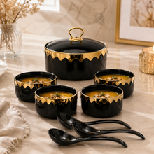 Luxury Black & Gold Ceramic Soup Serving Set with Bowls, Ladles and Metal Stand